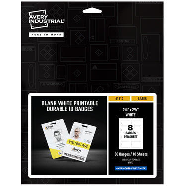 Avery Durable Tall ID Badges for Lanyards, Laser Printable on Both Sides, Blank White, 80 Total, 3.375